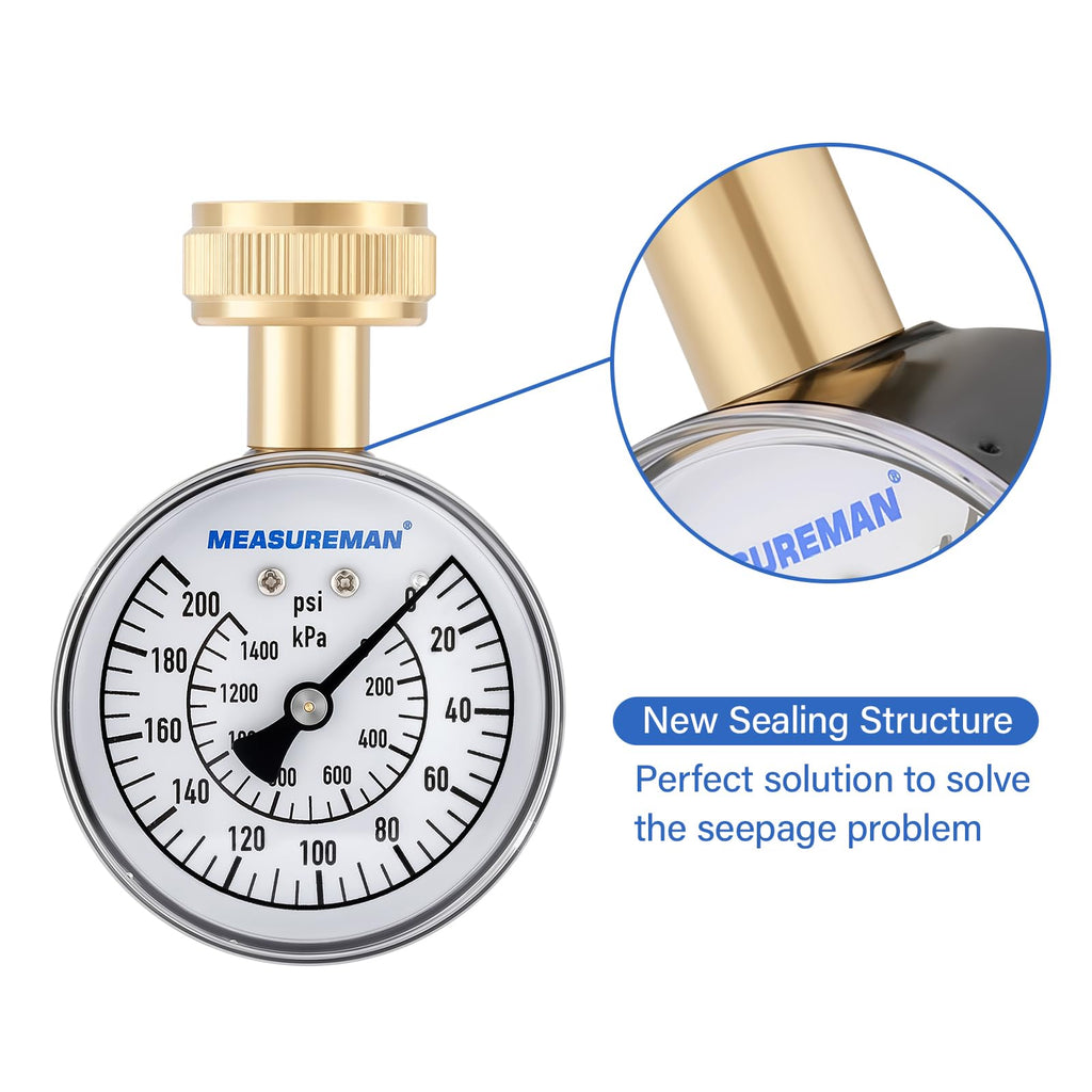 MEASUREMAN 2" Water Pressure Test Gauge, 3/4" Female Hose Thread, 0-200 psi/kpa with Maximum Pressure Memory (Pack of 2)