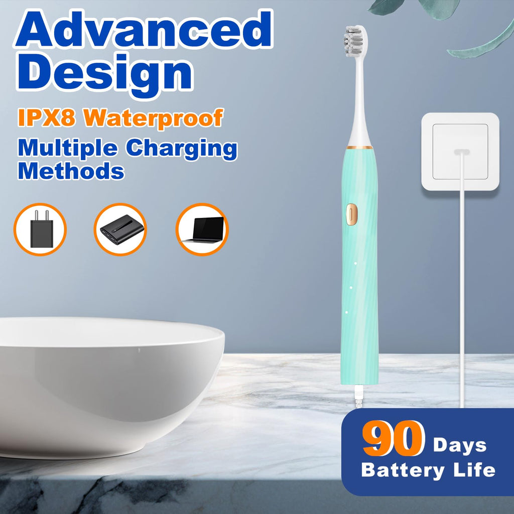 FXQQZZ Electric Toothbrush for Adults and Kids, with Tongue Scraper and Travel Case, 8 Brush Head, Smart Timer & 4 Modes Rechargeable Toothbrush, 42000 VPM Deep Clean, One Charge Last 90 Days - Black