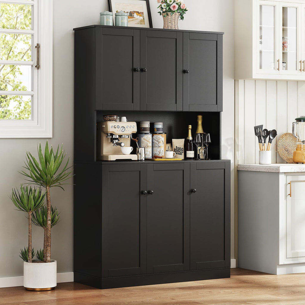 ONBRILL 71" Tall Kitchen Pantry Storage Cabinet with Microwave Stand & Door Shelf, Freestanding Kitchen Hutch with 6 Doors and Adjustable Shelves, Modern Food Pantry for Dining Room, Black