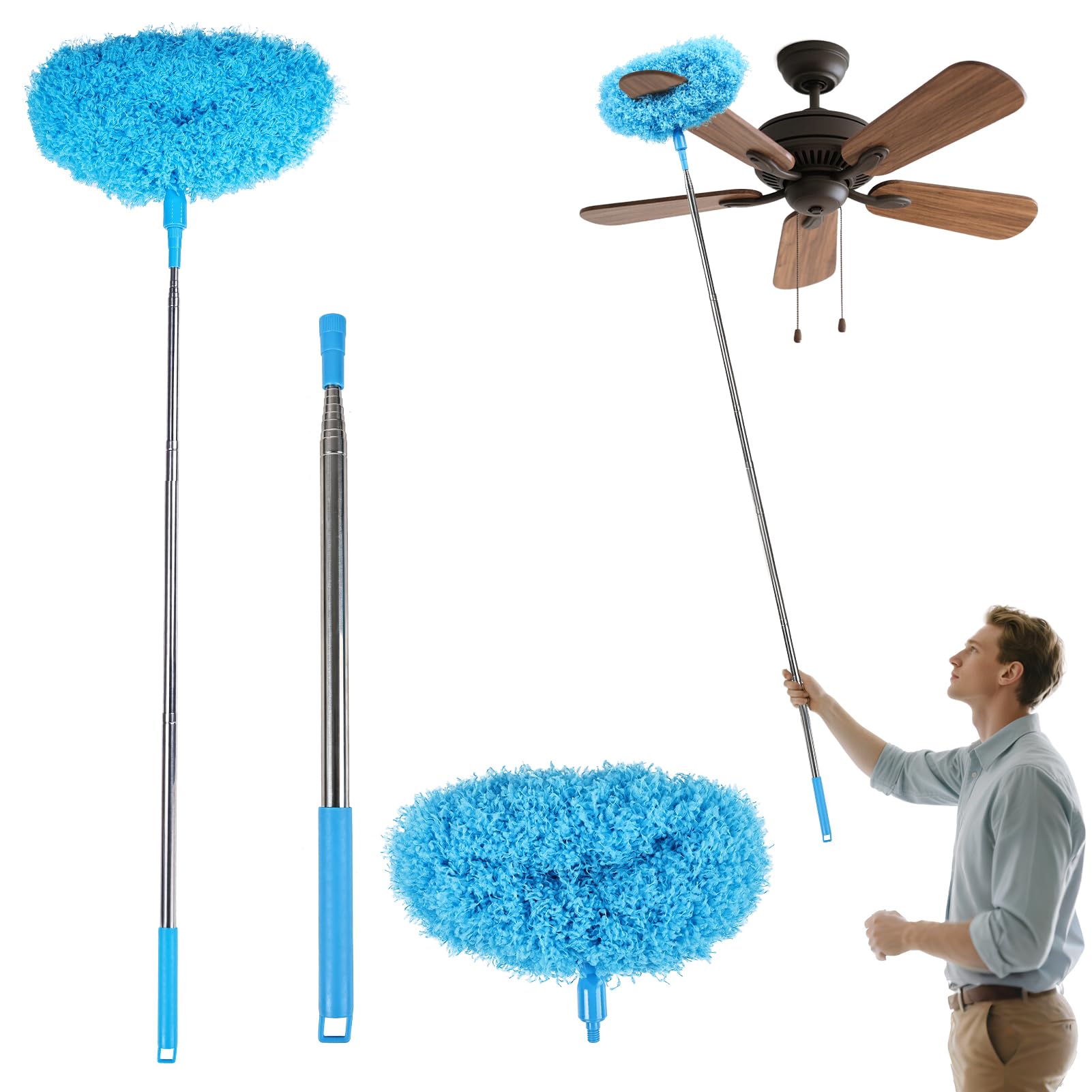 Ceiling Fan Cleaner Duster Reusable Microfiber Removable Duster with Extension Pole Adjusts 12 to 71 Inch for Cleaning Walls Bookshelves Furniture Door Window Top (Blue)