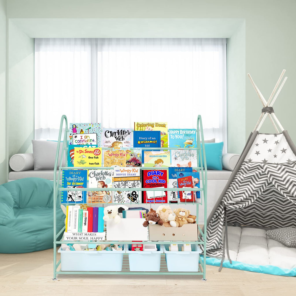 aboxoo Metal Kids Bookshelf Black Large Freestanding for Children Room 32 in Toy Organizer Large Stable Bookcase Bookstore Library Book Unit Storage Kids Bed Living Room