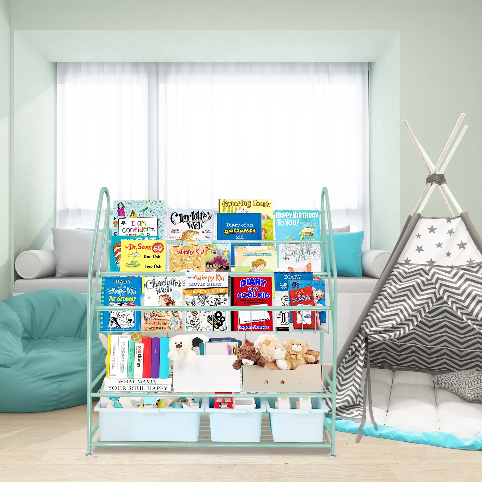 aboxoo Metal Kids Bookshelf Black Large Freestanding for Children Room 32 in Toy Organizer Large Stable Bookcase Bookstore Library Book Unit Storage Kids Bed Living Room