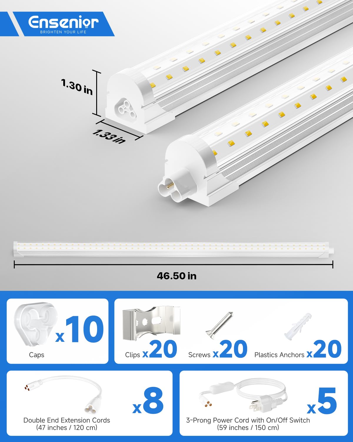 Ensenior 4FT LED Shop Lights - 5000LM 6000K Ultra Bright Daylight, T8 Commercial Bay Lighting, LED Lights for Garage/Shop/Basement, 36W (139 LM/W), Linkable, Plug & Play, ETL & FCC Certified, 4 Pack