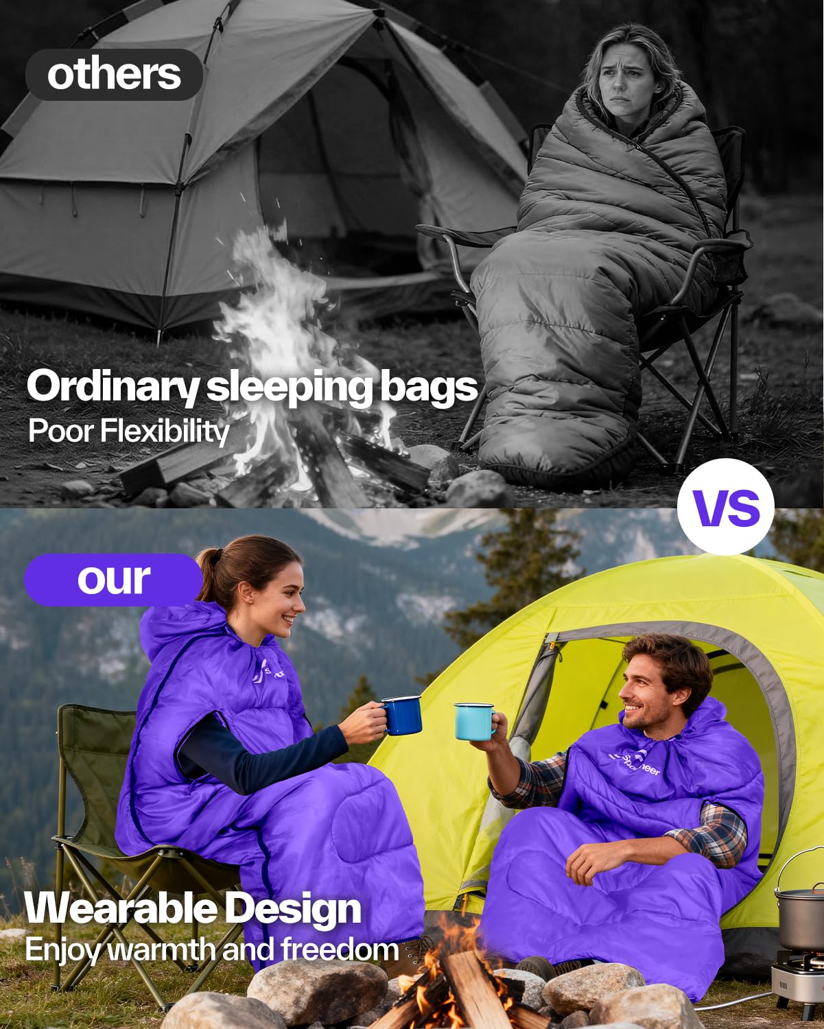 Sportneer Wearable Sleeping Bag for Adults & Kids – Walkable with Arm Zippers, Warm Weather & Cold Waterproof, Compact for Camping, Stadiums, Travel, Backpacking & Car Use
