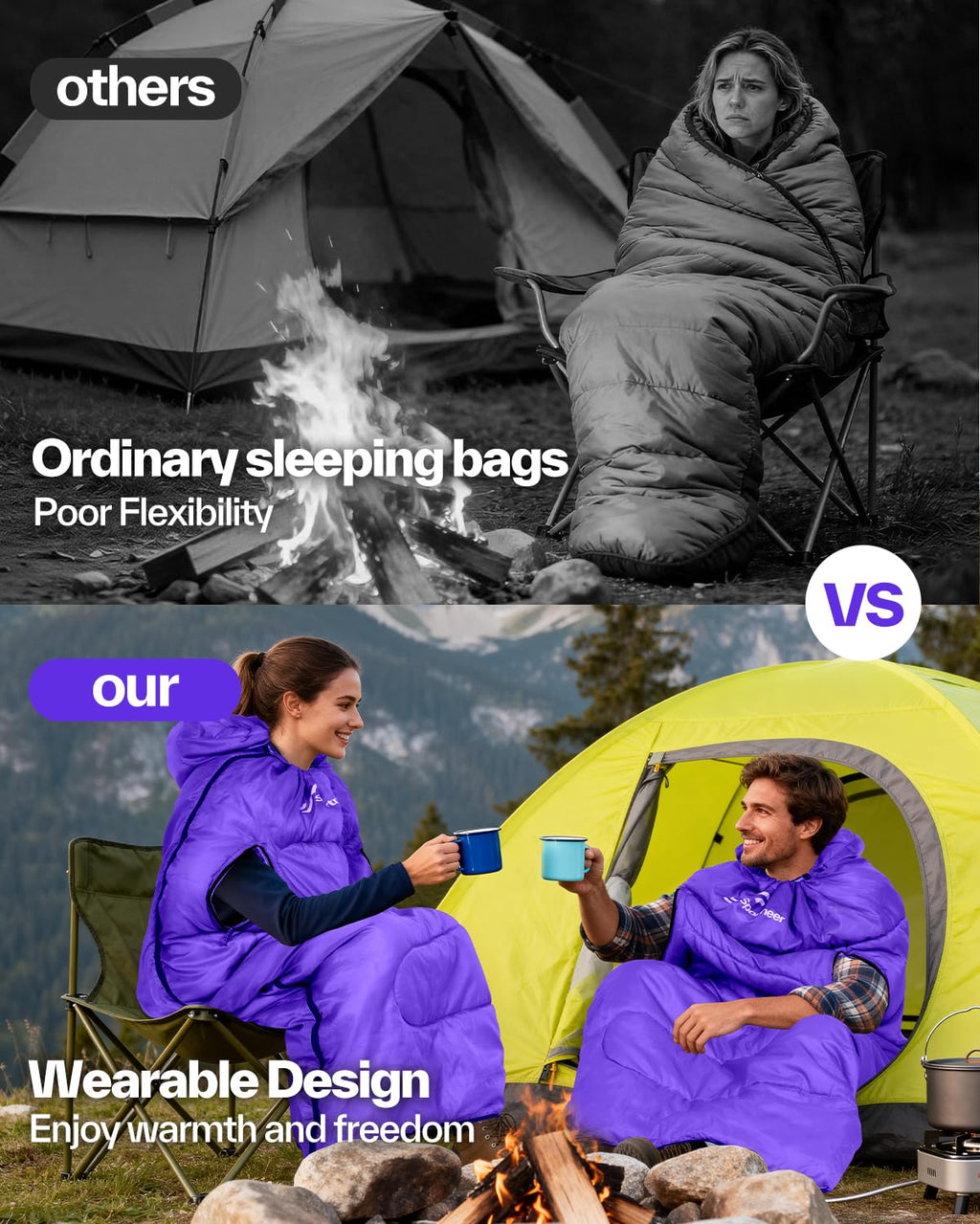 Sportneer Wearable Sleeping Bag for Adults & Kids – Walkable with Arm Zippers, Warm Weather & Cold Waterproof, Compact for Camping, Stadiums, Travel, Backpacking & Car Use