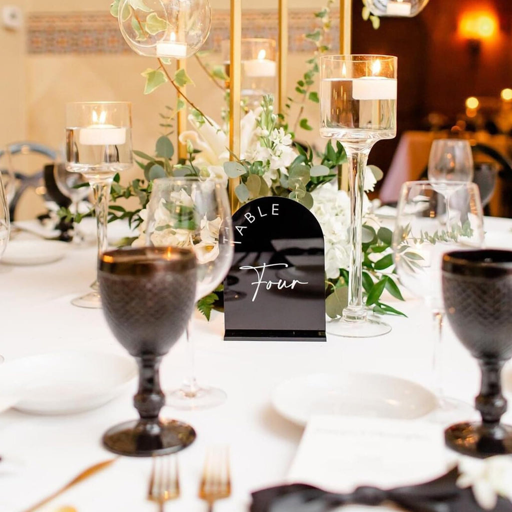 Black Arched Wedding Table Numbers 1-10 with Stands, 5x7 Inch Black Arch Acrylic Sign with Gold Letters, Acrylic Table Numbers for Wedding Reception
