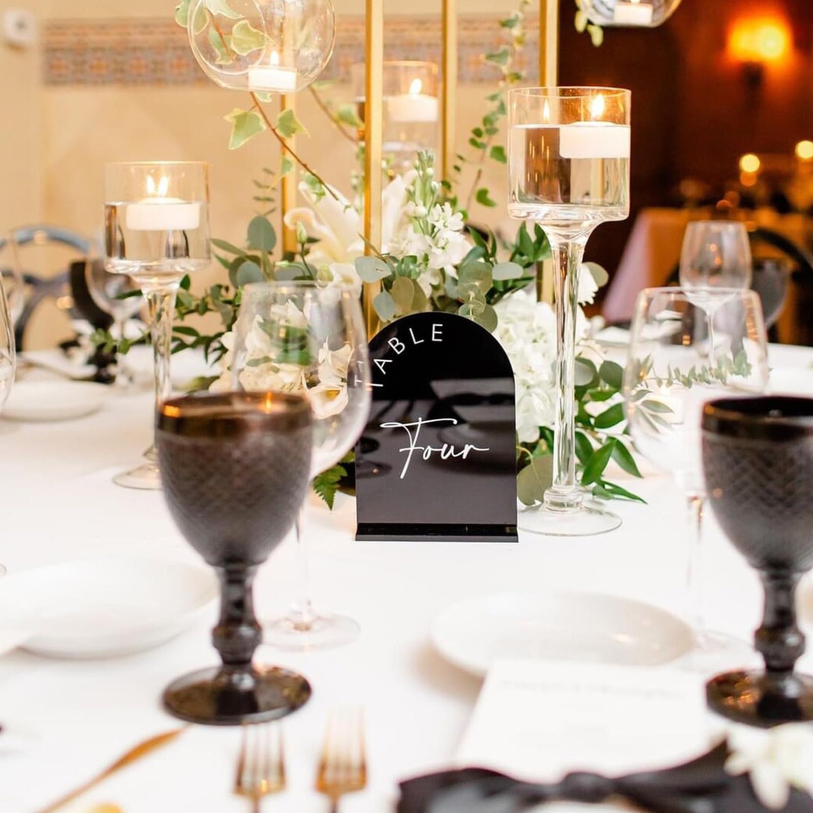 Black Arched Wedding Table Numbers 1-10 with Stands, 5x7 Inch Black Arch Acrylic Sign with Gold Letters, Acrylic Table Numbers for Wedding Reception
