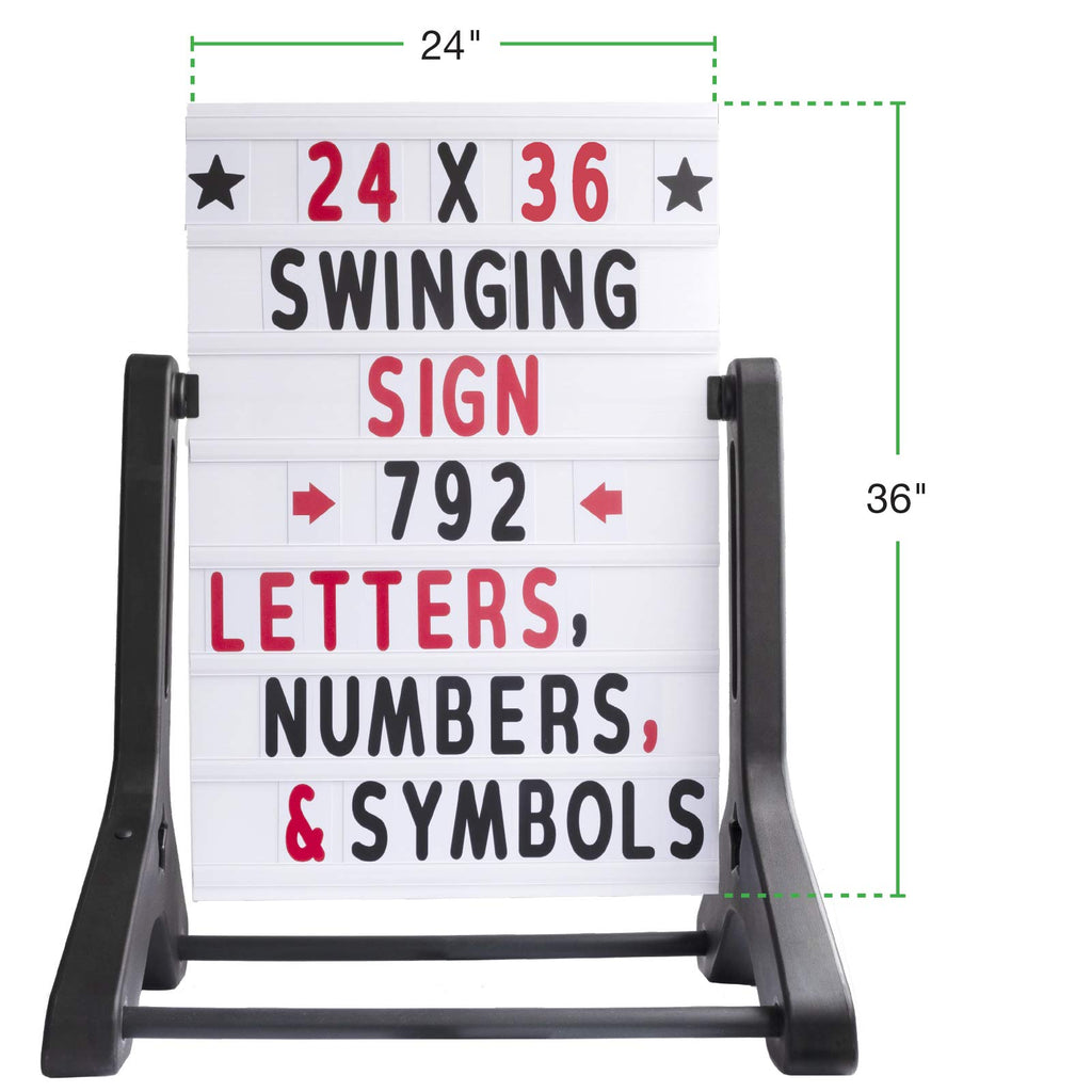 Swinging Changeable Message Sidewalk Sign: 24" x 36" Sign with 792 Pre-Cut Double Sided Letters and Storage Box. Includes Black Board & Letter Board (Black Color Legs)