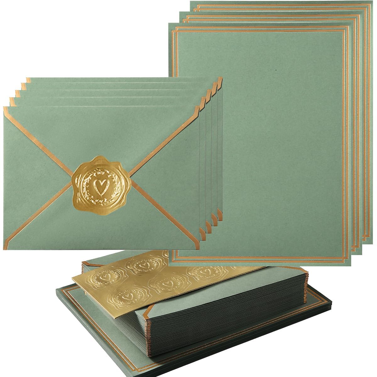 50 Pack Stationery Set with Envelopes, Cream Color, 8.5x11 Inches | Gold Border, #10 Business Envelopes and 8.5x11 Paper Sheets, Stickers for Letter Writing, Invitations