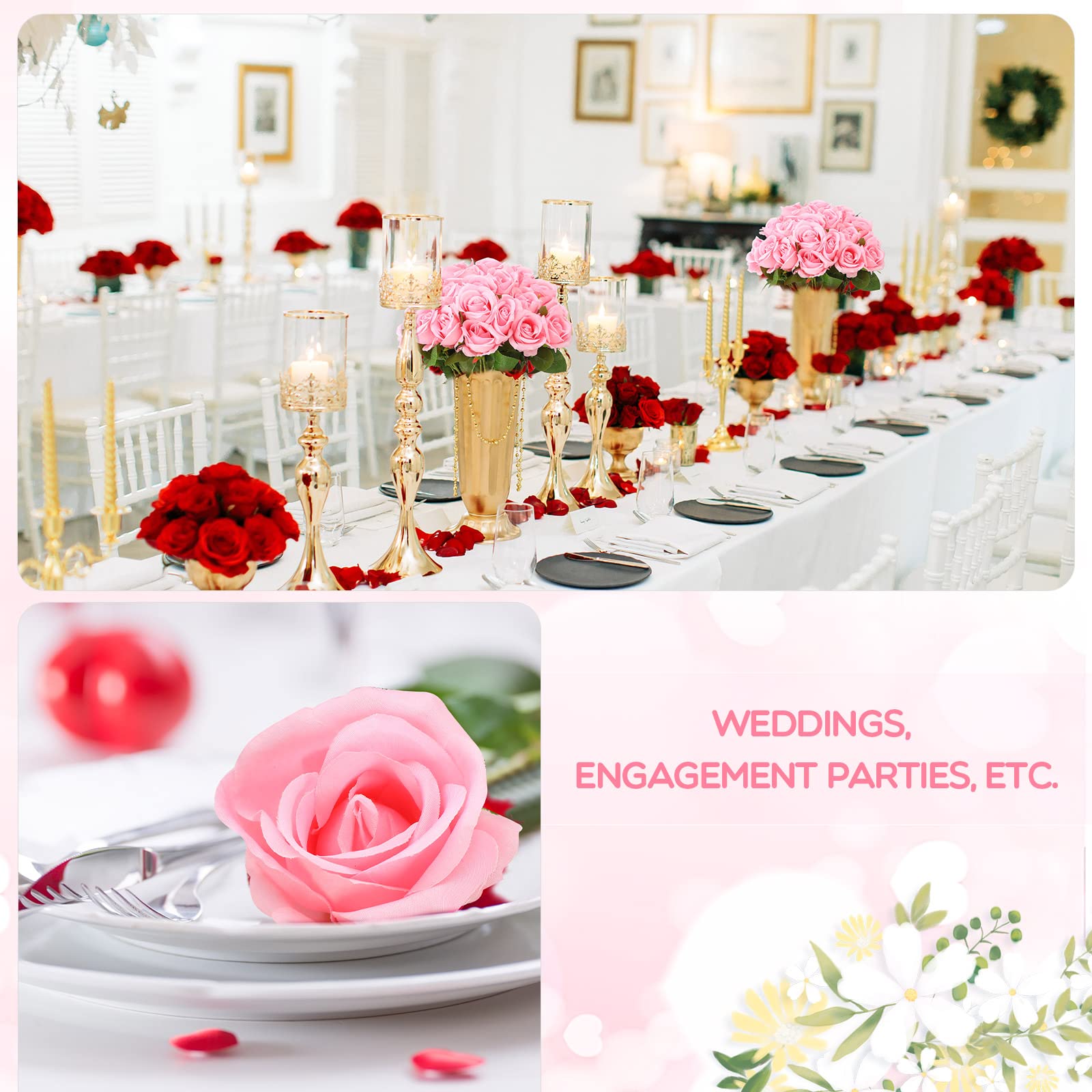 Jexine 100 Pieces Artificial Roses Flowers Bulk, Long Stem Realistic Fake Silk Roses Bouquet for Table Centerpiece Vases Wedding Party Kitchen Decor(Beige)