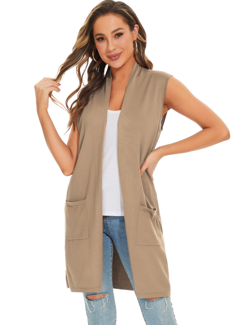 Moss Rose Women's Long Knit Cardigan Vest Casual Sleeveless Open Front Draped Duster Vest (Available in Plus Size)