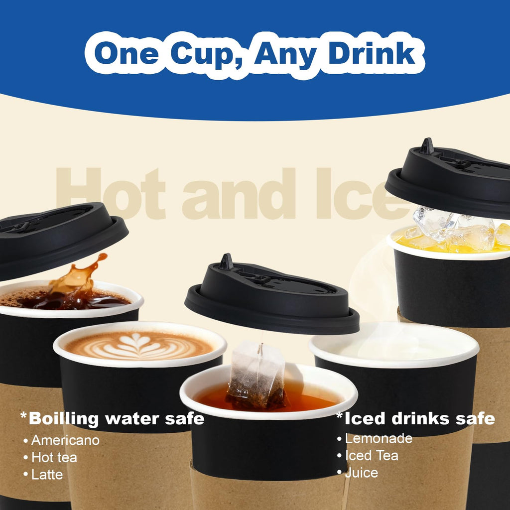 16 oz 100 Pack Corrugated Ripple Wall Disposable Coffee Cups with Lids and Straws, Heavy Duty Insulated Cups for Hot Beverage or Cold Drinks, Bulk for Restaurants, Offices, Coffee Shops(Black)