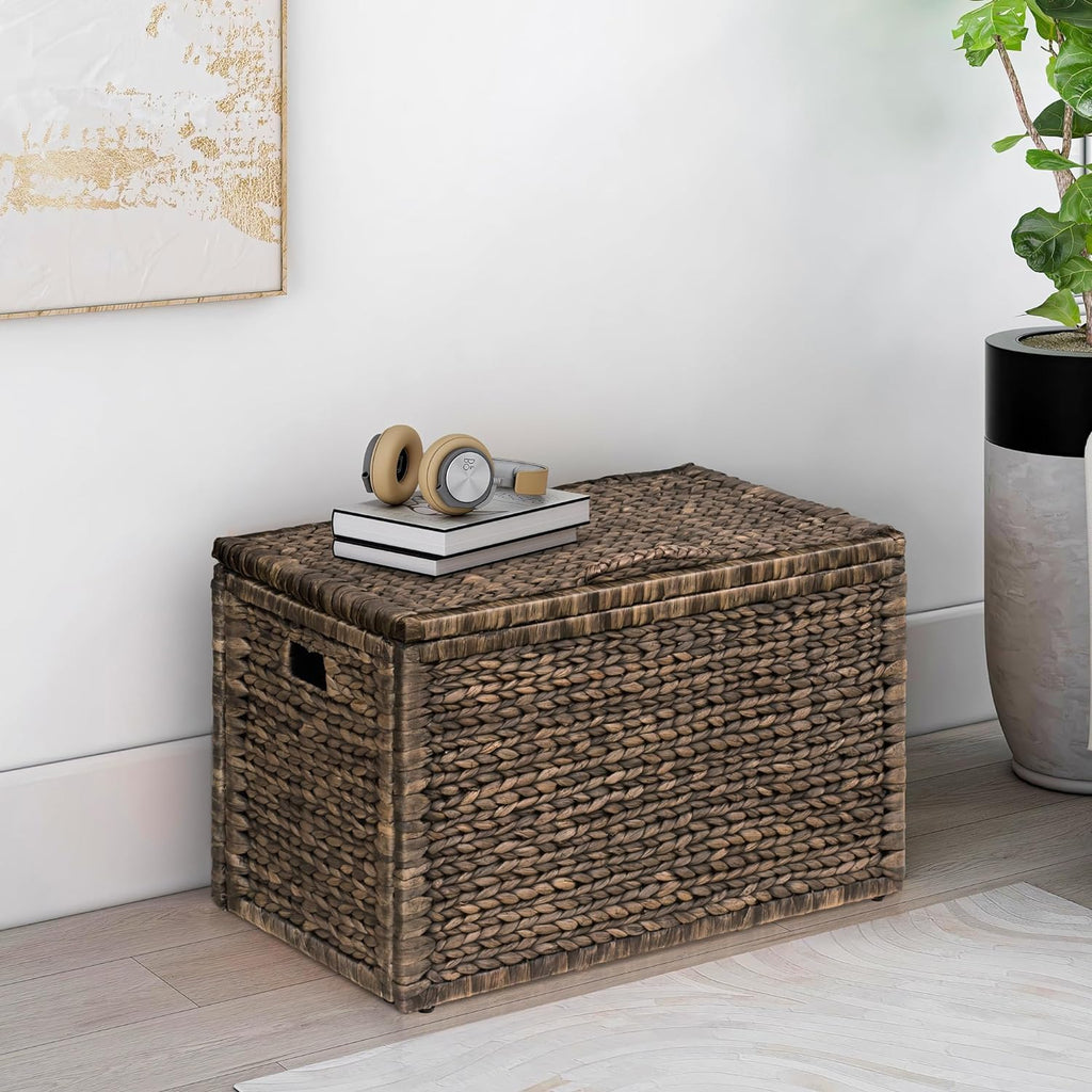eHemco Heavy-duty Water Hyacinth Wicker Storage Trunk with Metal Frame, 30 by 17.5 by 17.5 Inches, Brown Wash