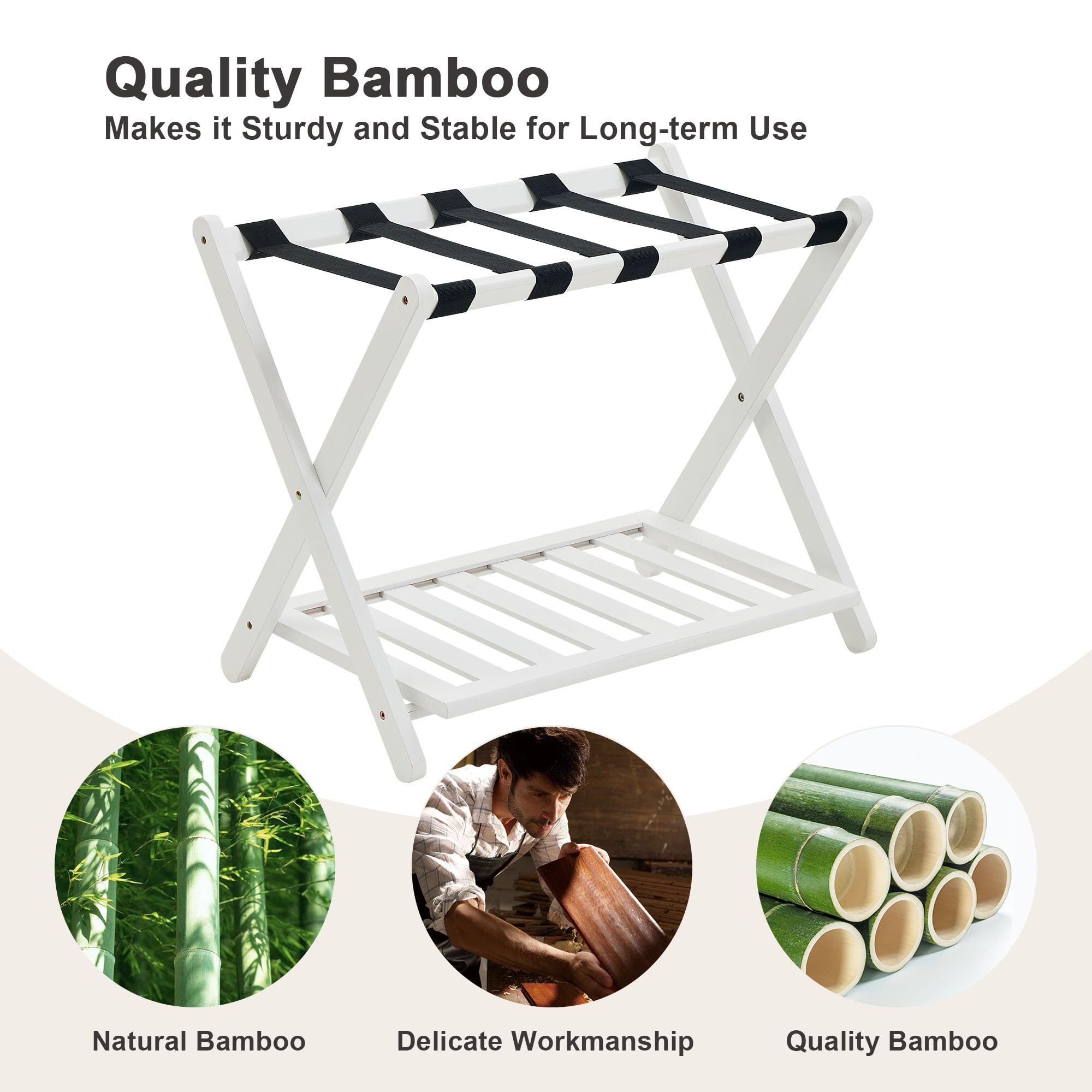 oakvivo Fully Assembled Black Luggage Rack for Guest Room, Bamboo Foldable Suitcase Stand with 5 Nylon Straps, Upgraded Luggage Rack Holder with Shelf for Bedroom Hotel, Holds up to 165 Lbs, 1pcs