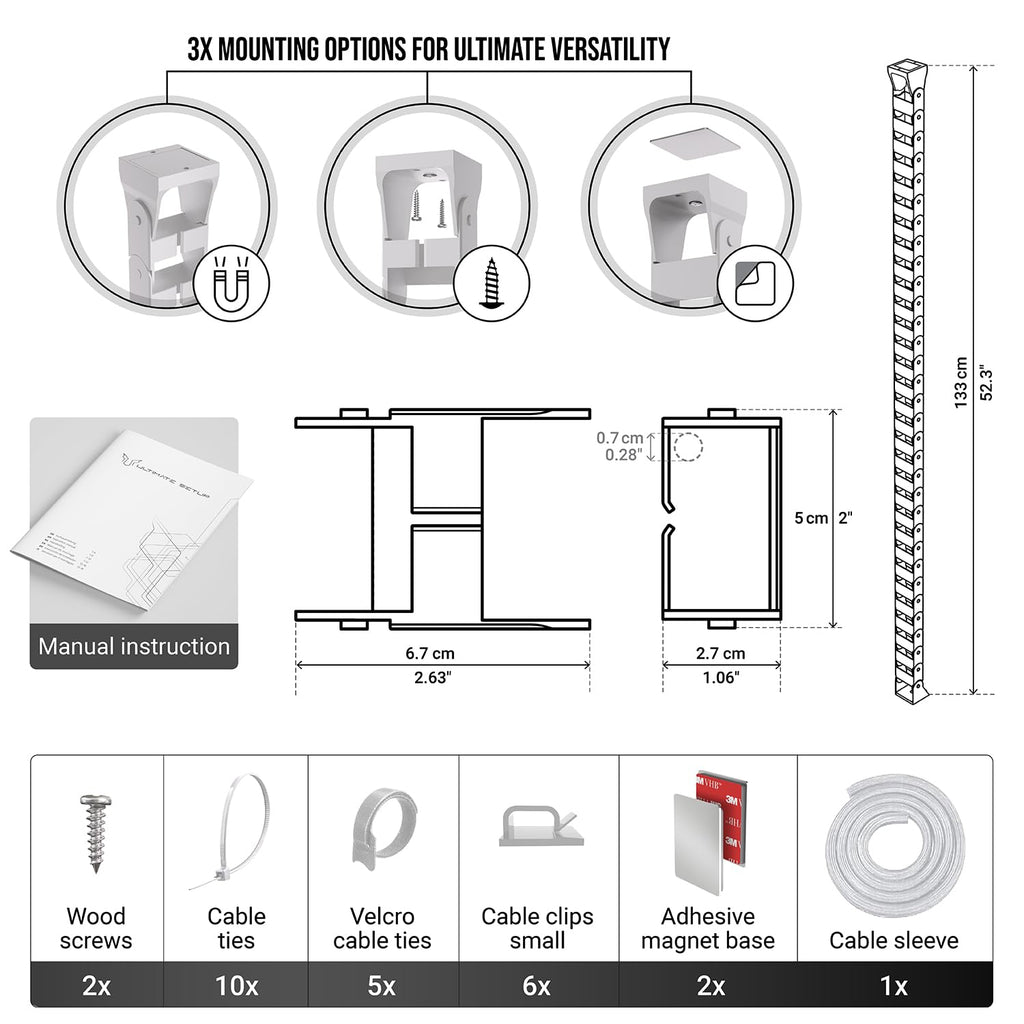 Ultimate Setup Under Desk Cable Management Vertebrae - Perfect for Sit Stand Desk - Wire Management - Adjustable Length - Flexible Cable Spine - Black, 133 cm