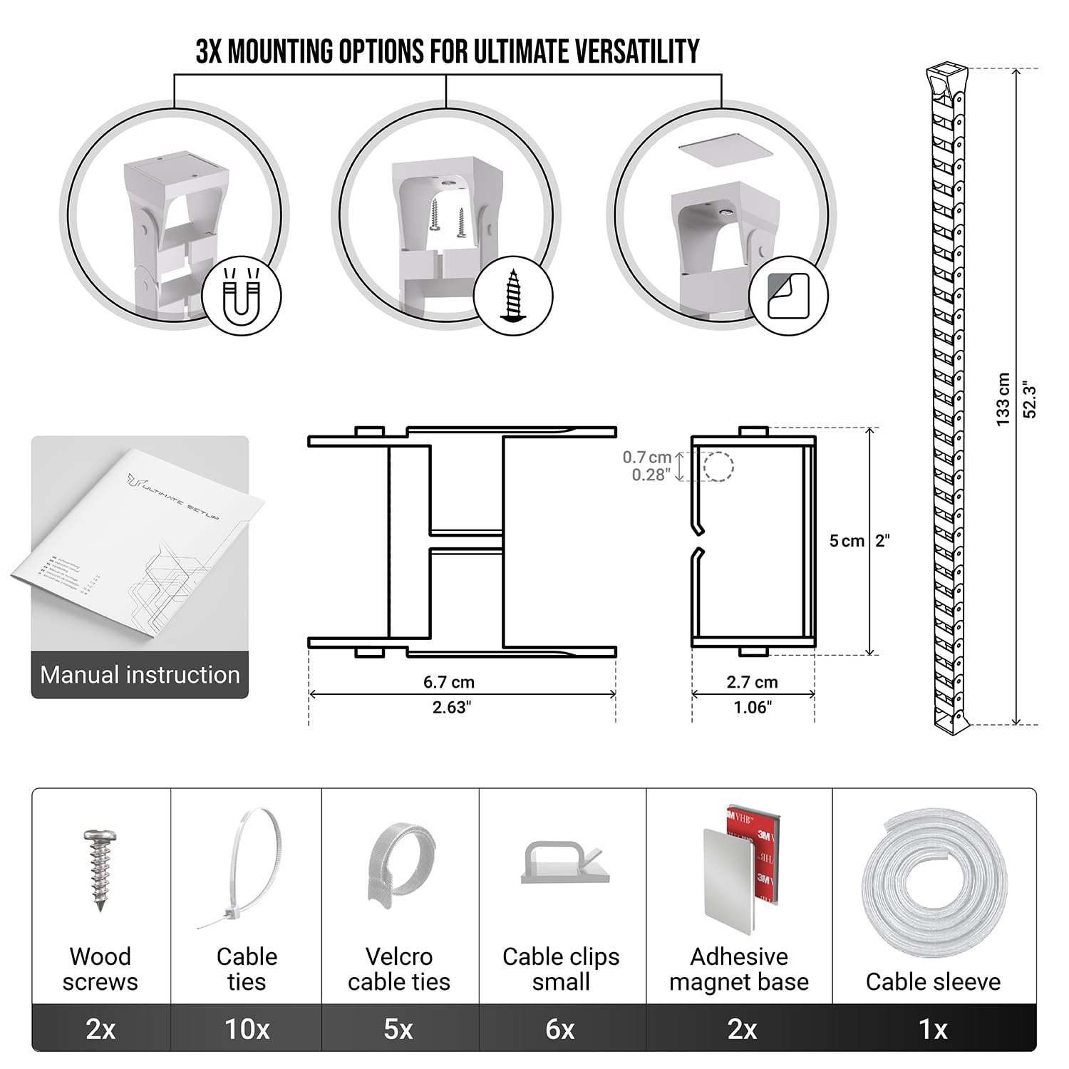 Ultimate Setup Under Desk Cable Management Vertebrae - Perfect for Sit Stand Desk - Wire Management - Adjustable Length - Flexible Cable Spine - Black, 133 cm
