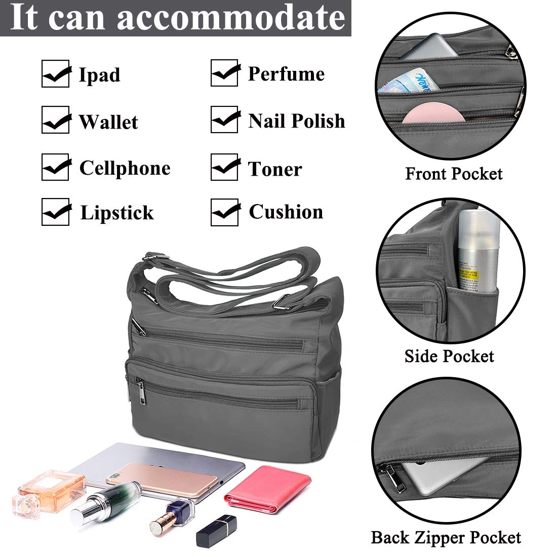 VOLGANIK ROCK RFID Purses for Women Fabric Nylon Multi Pocket Crossbody Bag Ladies Travel Handbag