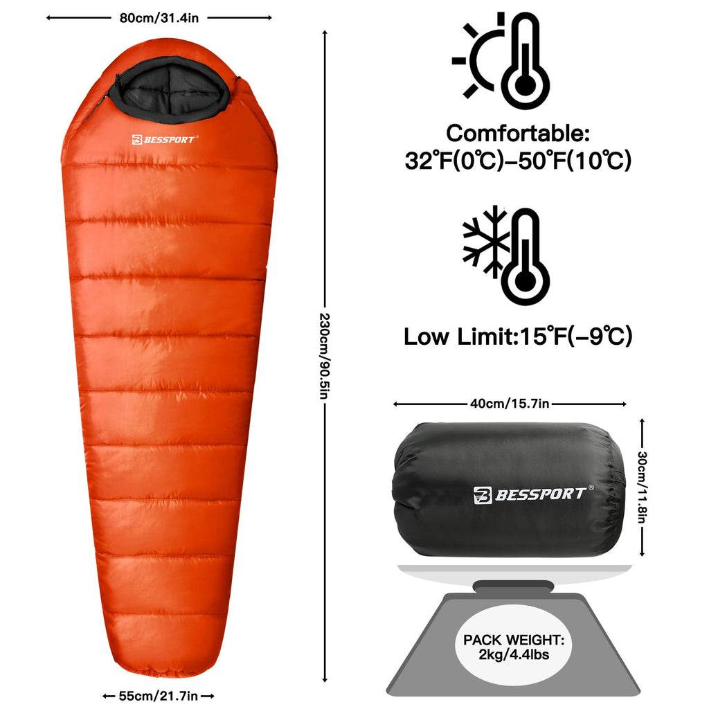 Bessport Mummy Sleeping Bag | 15-45 ℉ Extreme 3-4 Season Sleeping Bag for Adults Cold Weather– Warm and Washable, for Hiking Traveling & Outdoor Activities