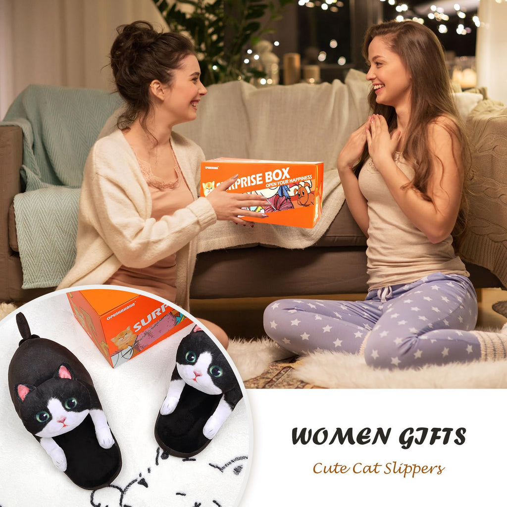 Funny Cat Slippers for Women,Fuzzy Animal Indoor House Shoes with Soft Memory Foam,Comfy Plush Warm Slip-on Slippers,Cat Gifts for Cat Lover