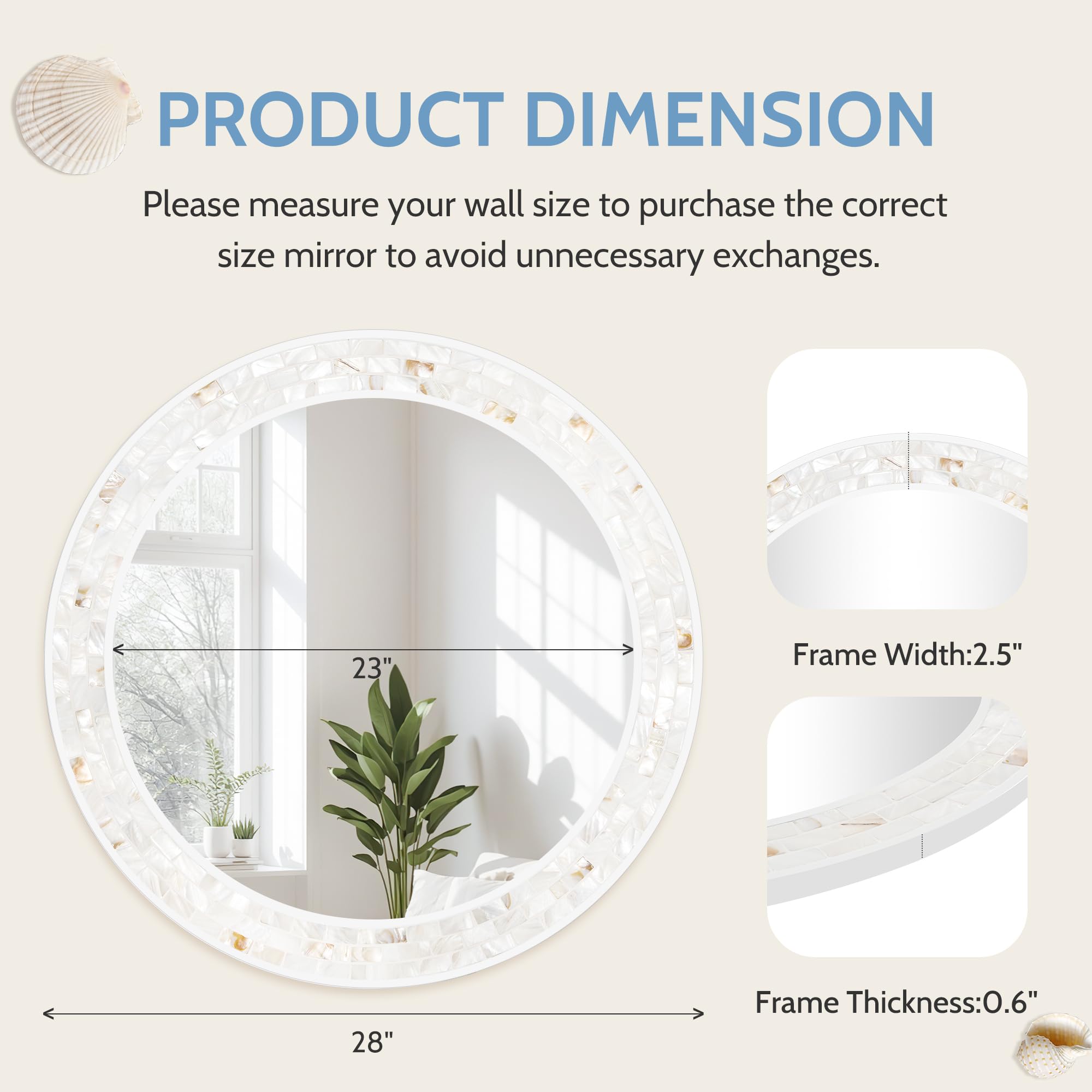 Tanmicoshomy Round Wall Mirror 24 Inch,Circle Mosaic Mirror with Natural Mother of Pearl and Wood Frame, Decorative Coastal Round Wall Mirror for Bathroom Bedroom Living Room Entryway