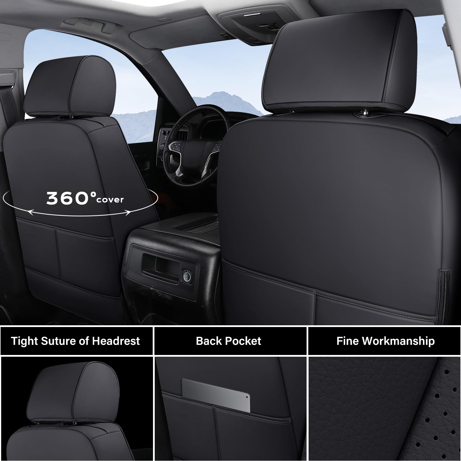 Coverado Chevy Silverado Seat Covers, Faux Leather Seat Covers Fit for Chevy Silverado GMC Sierra 2007-2025 1500, 2015-2025 2500HD 3500HD Crew Double Extended Cab (Front, Black)