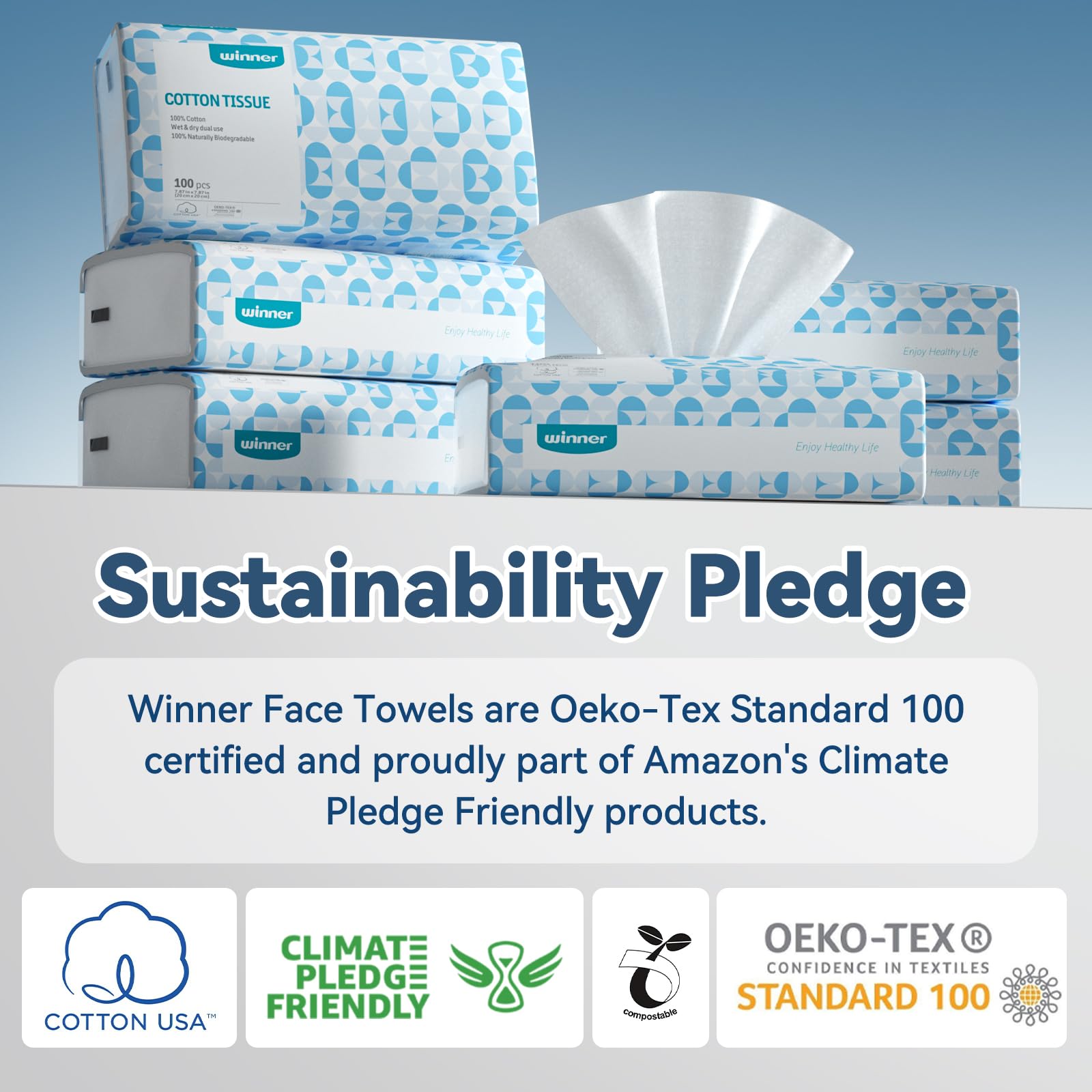Winner Face Towels Soft Pack, 100% USDA Biobased Facial Towels, Unscented Cotton Tissues for Sensitive Skin, OEKO-TEX Certified Face Towelettes Disposable, Makeup Remover Dry Wipes, 100 Ct, 1 Pack