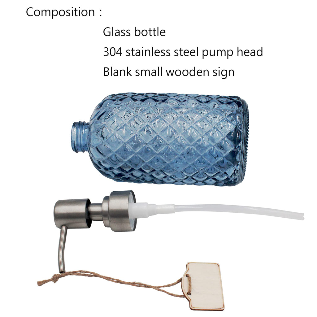 16 oz Diamond Pattern Glass Soap Dispenser, Kitchen and Bathroom Refillable Soap Dispenser with Rust Resistant Stainless Steel Pump for Hand Soap, Lotion Glass Liquid Dispenser(Amber)
