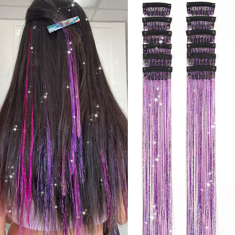 Clip in Hair Tinsel, Pack of 12 Pcs 20 Inch,Glitter Tinsel Hair Extensions, Festival Tinsel Fairy Hair Extension Party Dazzle Hair Accessories Strands Kit for Women Girls(12Pcs,Black#)