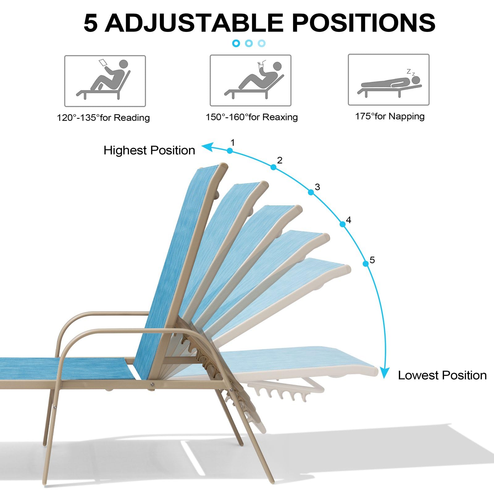 Crestlive Products Chaise Lounge Chair Outdoor with Armrests, Pool Lounge Chairs Set of 2, Aluminum Adjustable 5 Positions Sun Tanning Lounger for Patio, Poolside, Yard, Deck, Backyard (Beige)