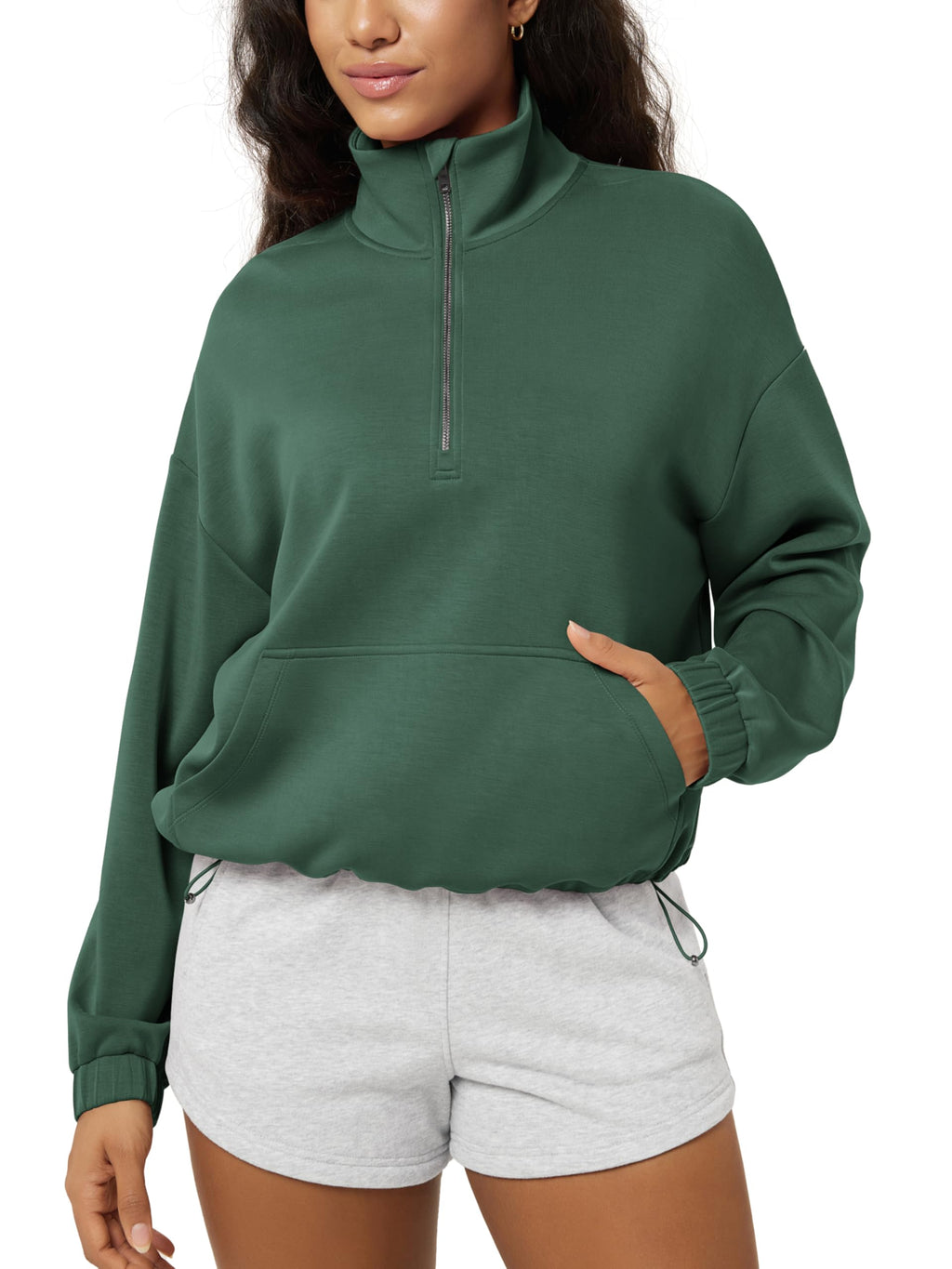 ODODOS Women's Modal Soft Cinchable Sweatshirts Half Zipper Funnel Neck Oversize Pullover with Pockets