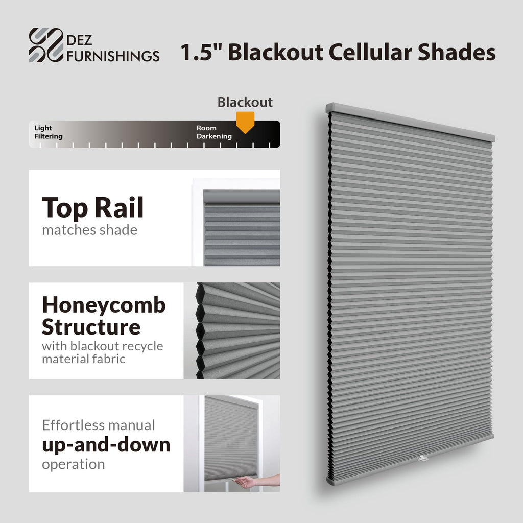 DEZ FURNISHINGS Cordless 1.5" Blackout Cellular Shade, Energy Saver, 18" W x 48" H, Anchor Gray