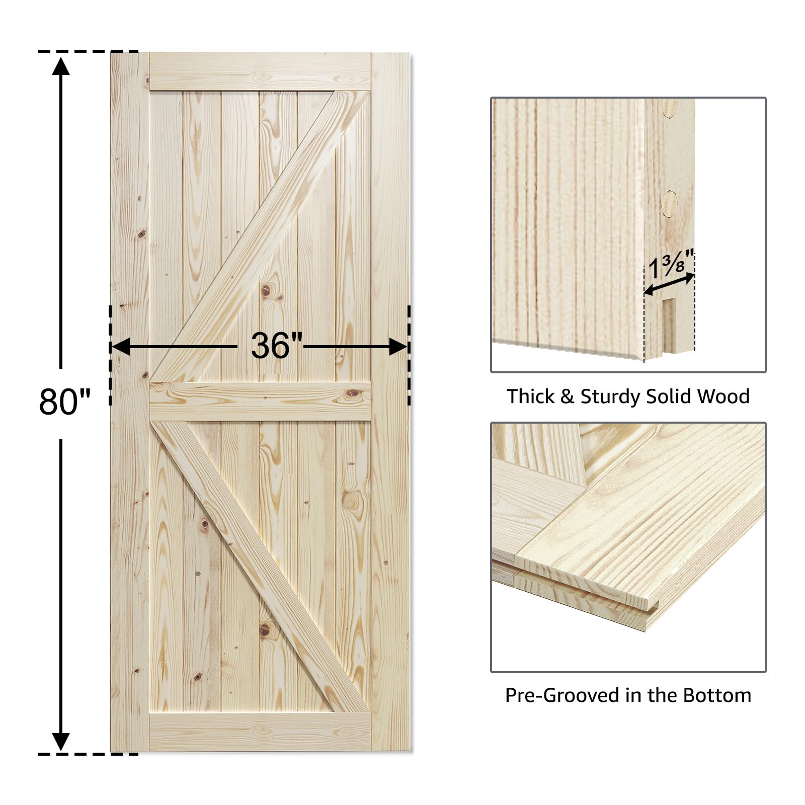 SmartStandard 24in x 80in Sliding Barn Wood Door Pre-Drilled Ready to Assemble, DIY Unfinished Solid Spruce Wood Panelled Slab, Interior Single Door Only, Natural, K-Frame (Fit 4FT Rail)