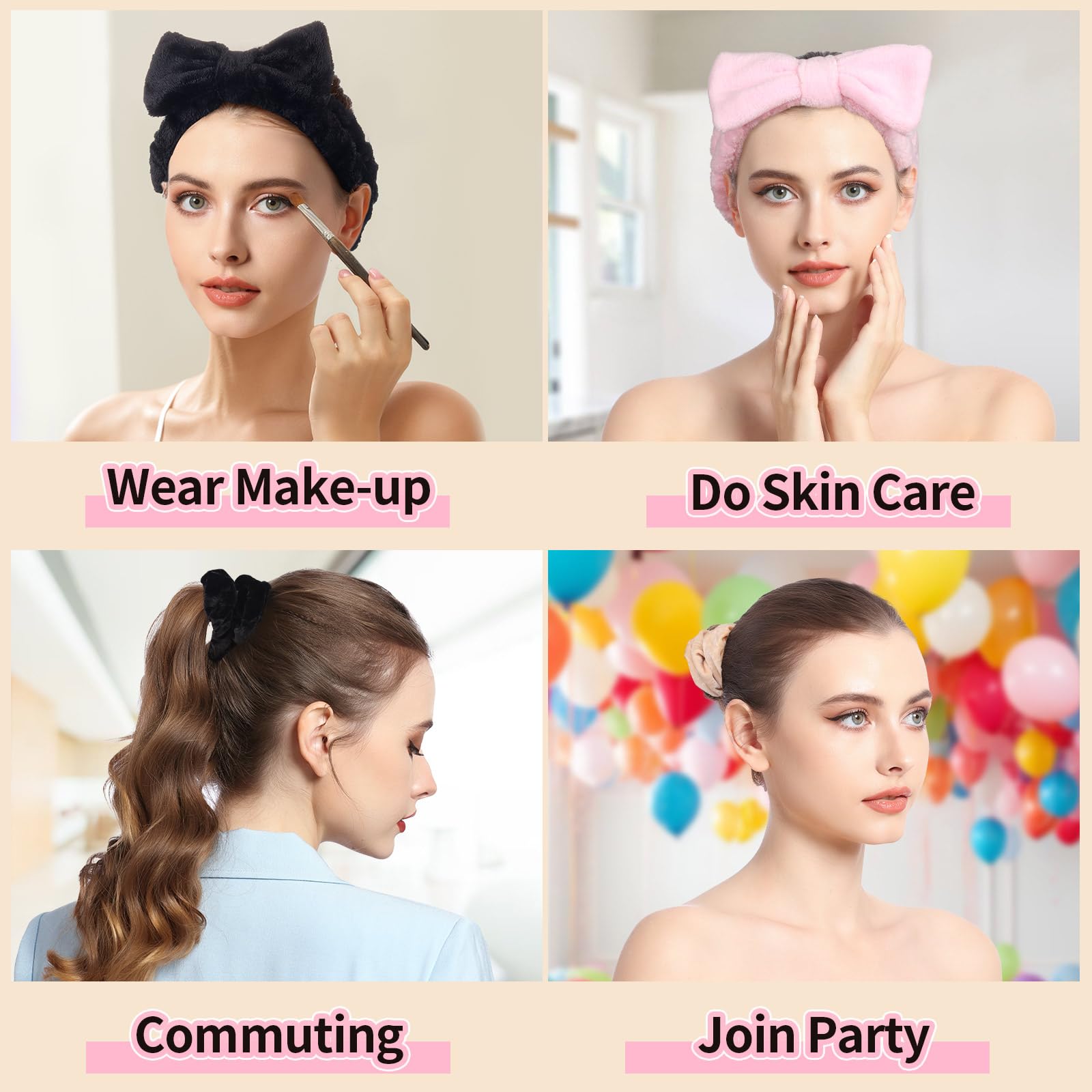 LEOBRO Spa Headband, 6pcs Makeup Headbands and Hair Scrunchies, Bow Skin Care Headband for Washing Face for Teen Girls Women, Easter Basket Valentines Gifts for Girls, Black & White & Gray