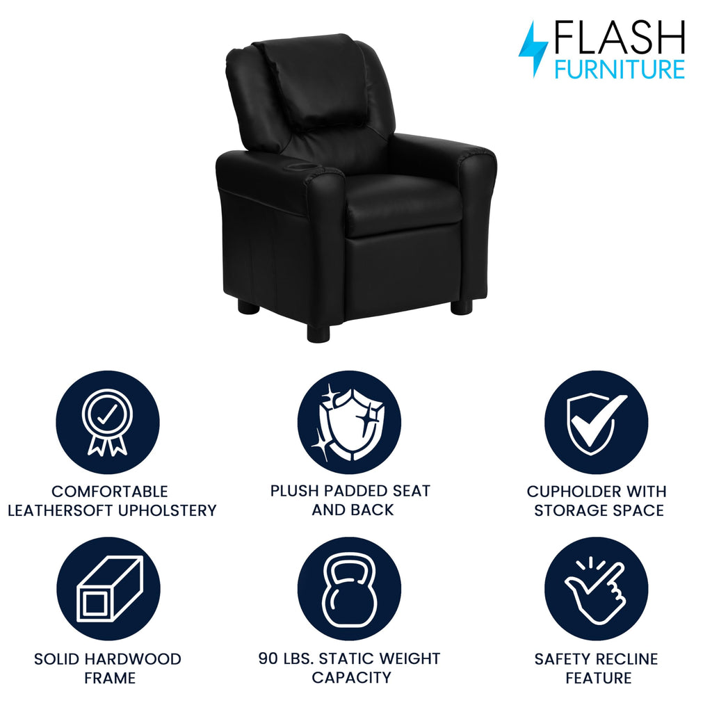 Flash Furniture Vana Vinyl Kids Recliner with Cup Holder, Headrest, and Safety Recline, Contemporary Reclining Chair for Kids, Supports up to 90 lbs., Beige