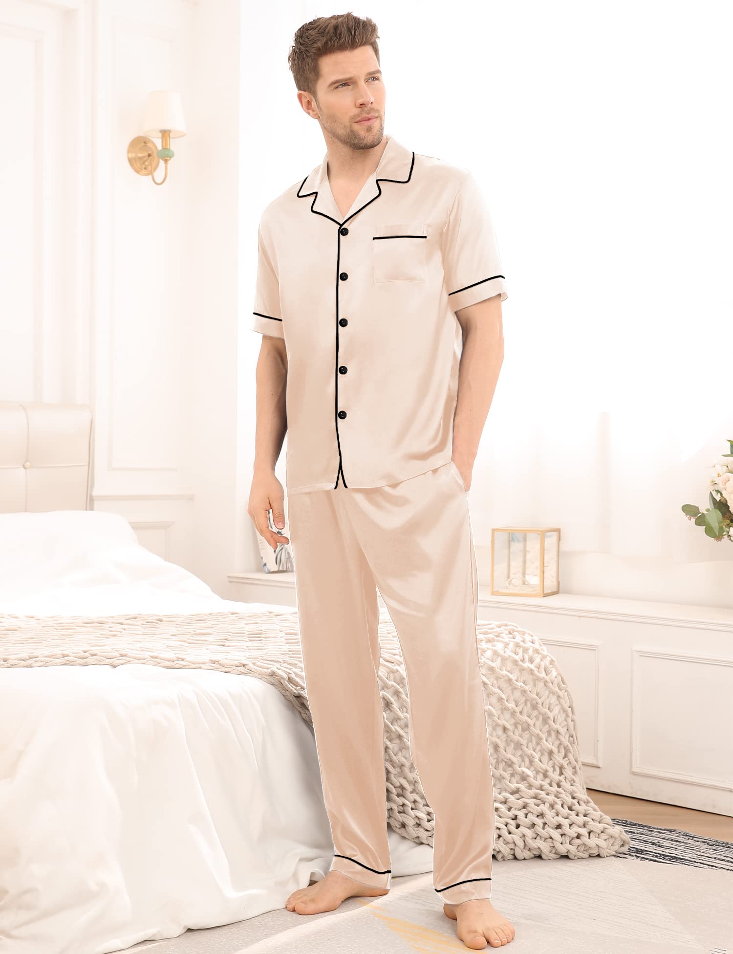 SWOMOG Mens Satin Pajama Set Short Sleeve Classic Sleepwear Button Down Silky Loungewear with Long Pants