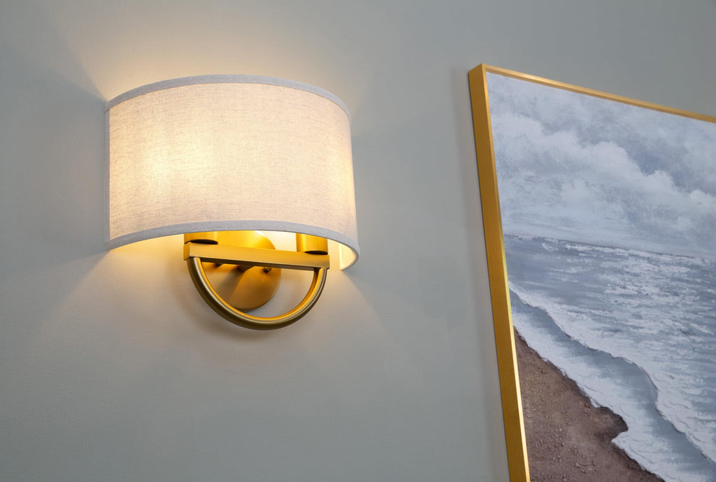 Yosoan White Fabric Cloth Boho Aged Brass Gold Wall Sconce Stairwell Fixture Light, 2-Light Dual Indoor Hardwired Vanity Vintage Wall Mount Lamp Antique Metal Base Semicircle Shade Lamp for Hallway