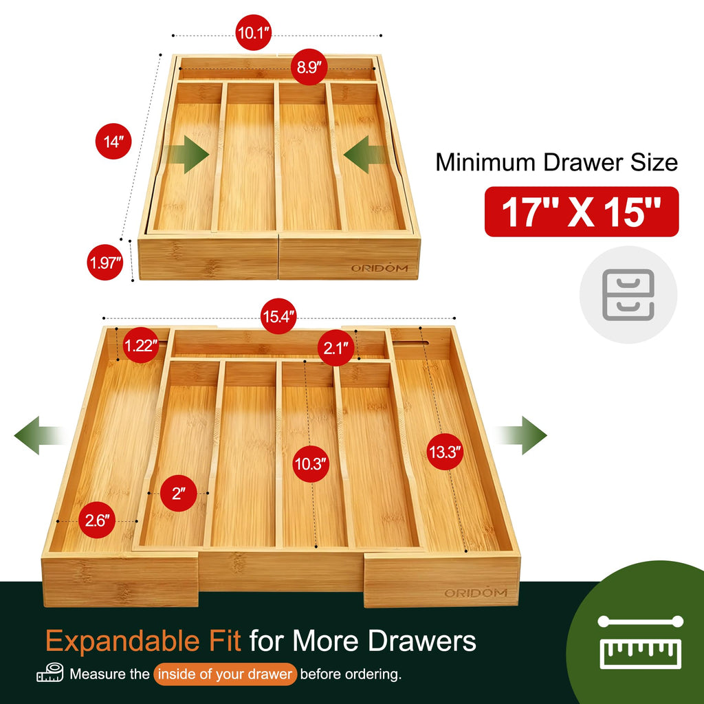 Expandable Acacia Kitchen Drawer Organizer for Cutlery and Utensils, Adjustable Acacia Wood Cutlery Tray in Drawer for Flatware and Silverware in Kitchen