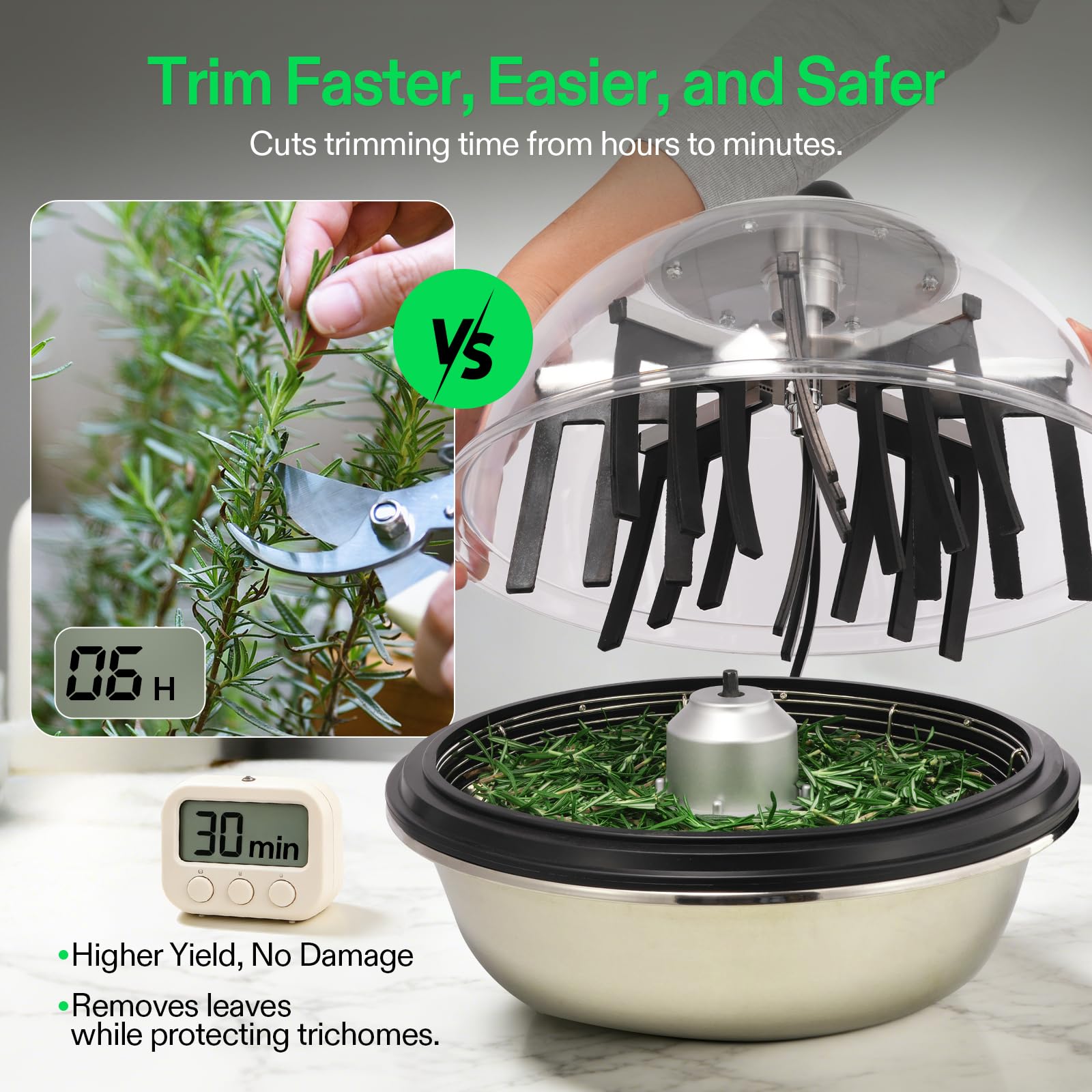 VIVOSUN 13 inch Bud Leaf Bowl Trimmer- Clear Visibility Dome, Sharp Stainless Steel Blades for Spin Cut & Solid Metal Gear Box, Hand Pruner Included (Upgraded Version)