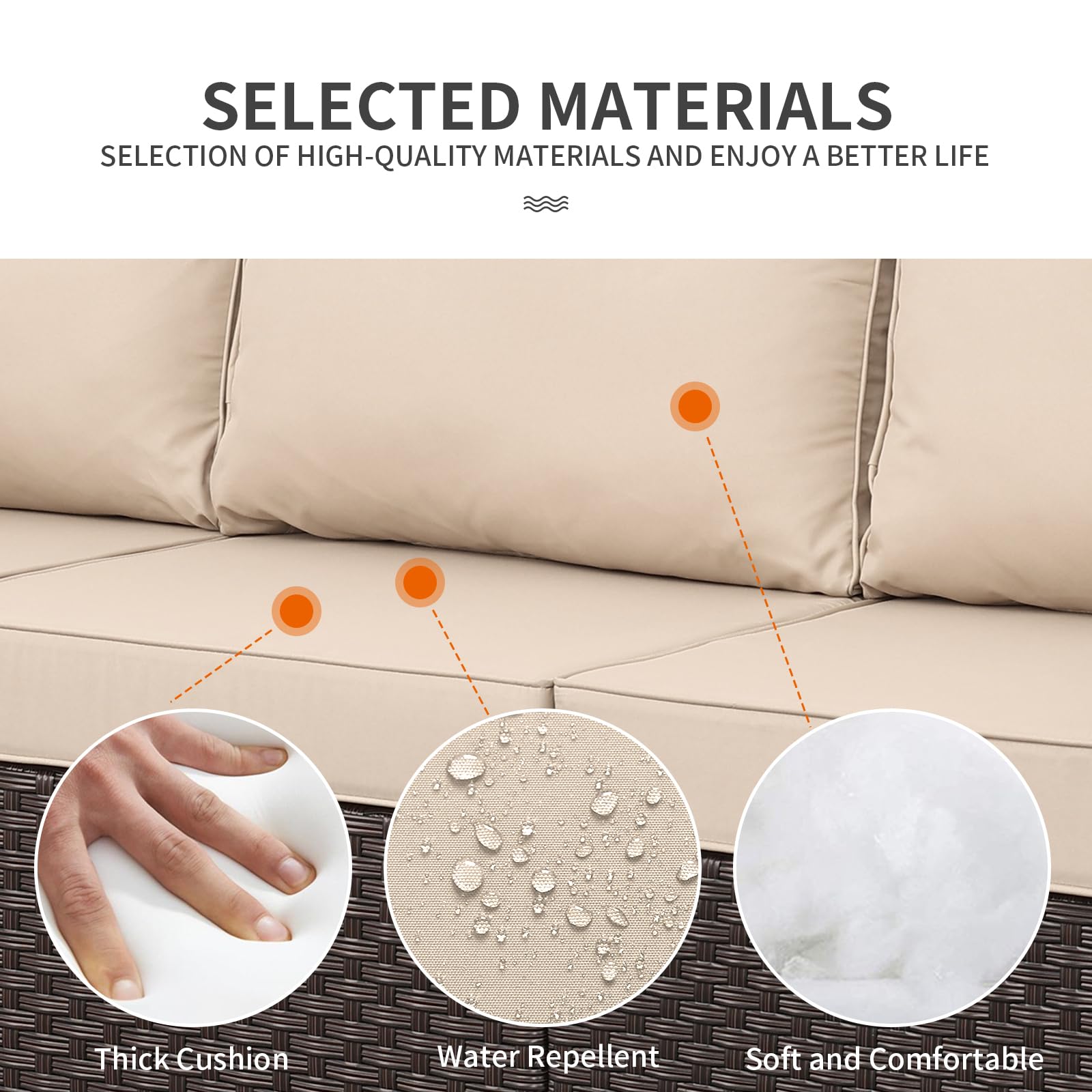 WAROOM Patio Couch PE Rattan 3-Seat Outdoor Sofa Brown Wicker Furniture Set Deep Seating with Anti-Slip Beige Cushion