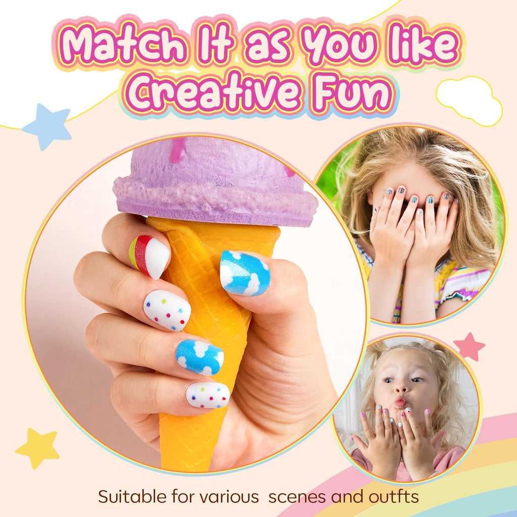 Modelones Press on Nails for Kids 144Pcs 6 Pack Children Acrylic Fake Nails Pre-glue Full Cover Glitter Gradient Color Heart Cat Short False Nail Art Kits Sets Christmas Gifts for Kids Girls