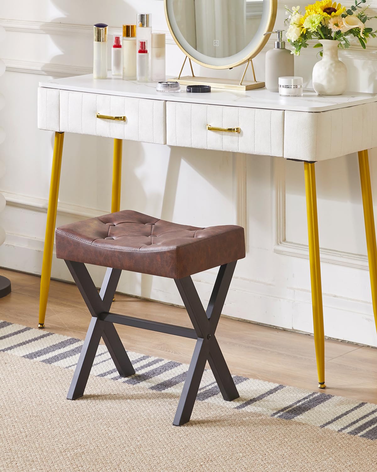 IBUYKE U-Shaped PU Vanity Stool, Square Makeup Chair with X-Leg, Ottoman Seat Footrest Stool, Multi-Use as Small Side Table, for Bedroom, Living Room, Black WBD019B