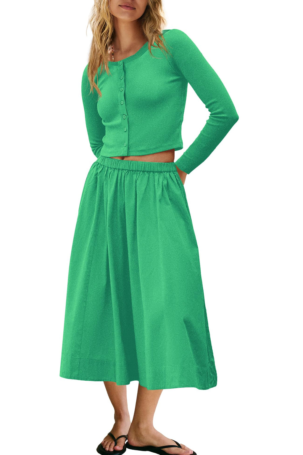 Panadila Womens 2 Piece Lounge Sets Matching Vacation Outfits Ribbed Button Down Cardigan and Elastic Waist Skirt Sets