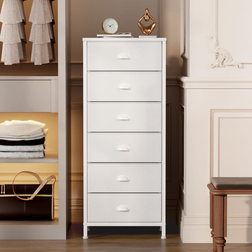 Furnulem Tall Dresser with 6 Drawers,Vertical Bedside End Table & Chest for Bedroom,Black Storage Tower Dorm Nightstand with Fabric Drawer Organizer Unit Furniture in Living Room,Closet,Hallyway