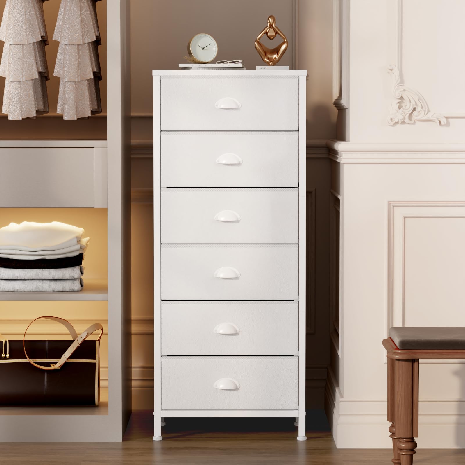 Furnulem Tall Dresser with 6 Drawers,Vertical Bedside End Table & Chest for Bedroom,Black Storage Tower Dorm Nightstand with Fabric Drawer Organizer Unit Furniture in Living Room,Closet,Hallyway