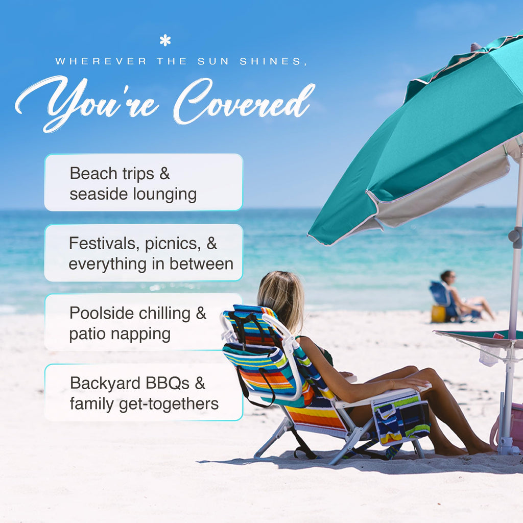 AMMSUN 7ft Heavy Duty High Wind Beach Umbrella with sand anchor, Built-in Table Tray Vent Tilt Pole, UPF 50+ Windproof Portable Outdoor Umbrellas Carry Bag for Patio Garden Pool Backyard stripe