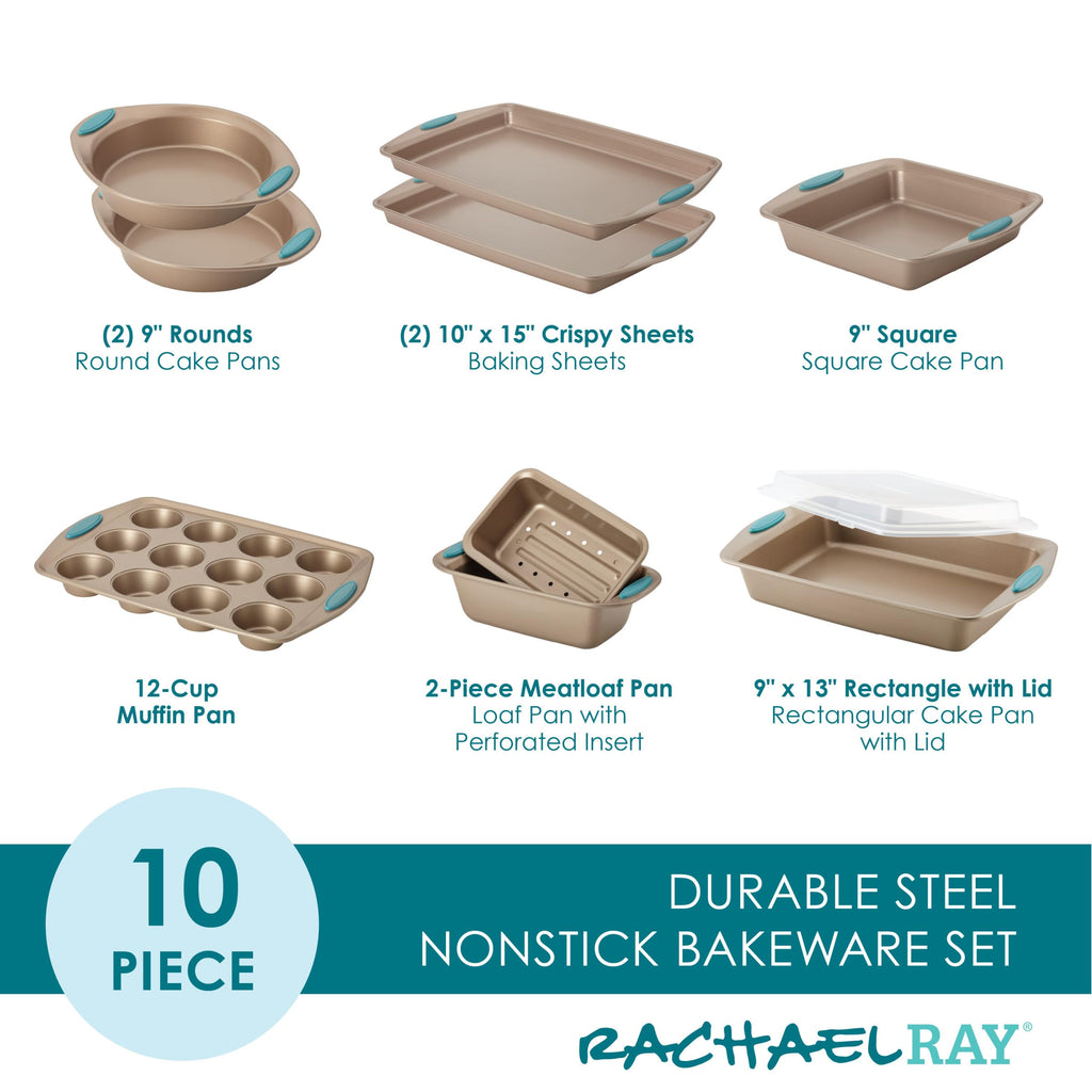 Rachael Ray Cucina Bakeware Set Includes Nonstick Cake Cookie Baking Sheet and Muffin Cupcake Pan, 4 Piece, Latte Brown with Agave Blue Grips