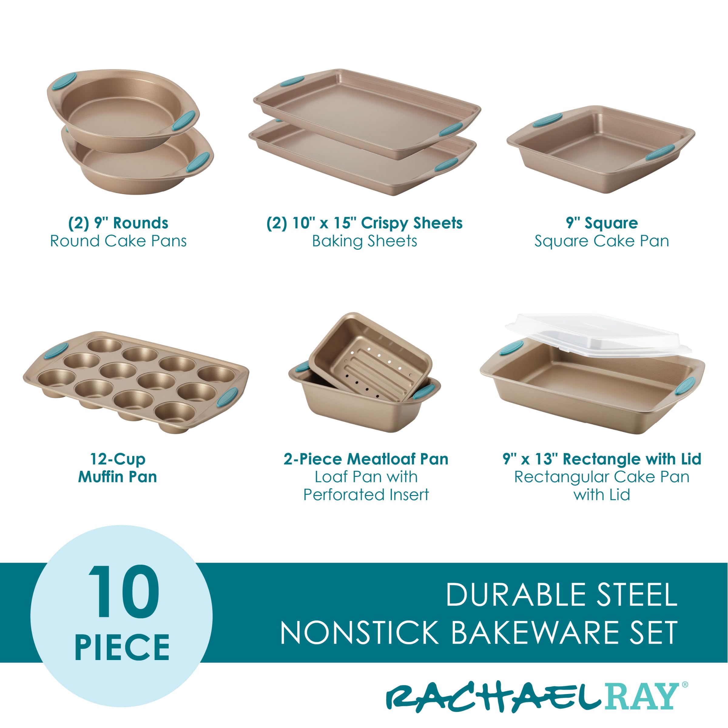Rachael Ray Cucina Bakeware Set Includes Nonstick Cake Cookie Baking Sheet and Muffin Cupcake Pan, 4 Piece, Latte Brown with Agave Blue Grips