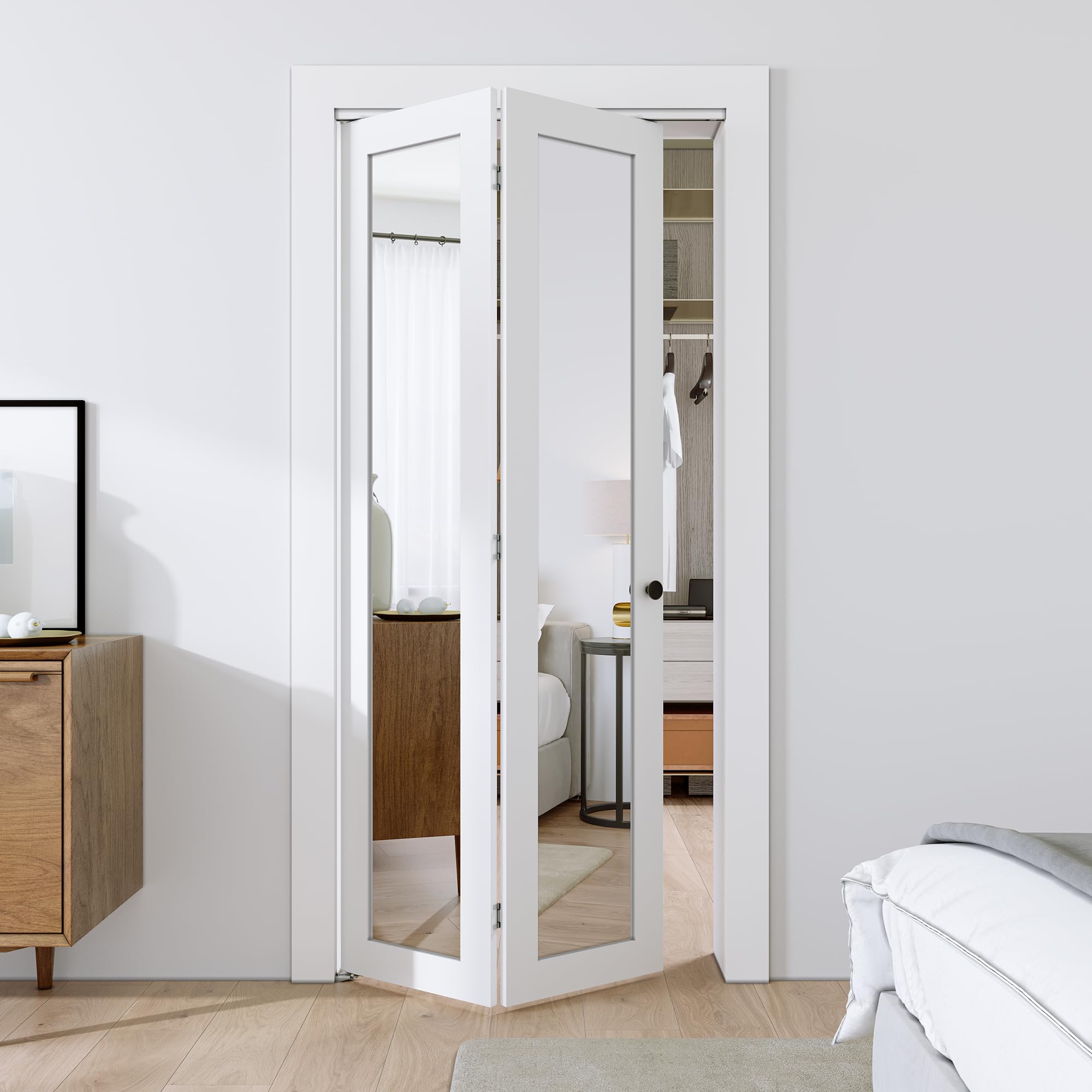 SMARTSTANDARD Bifold Doors, Mirror Closet Doors for 24''（12" x2） x 80" with Sliding Hardware Kit Set, Interior Bi Fold Door for Closet, Easy Install, MDF, White