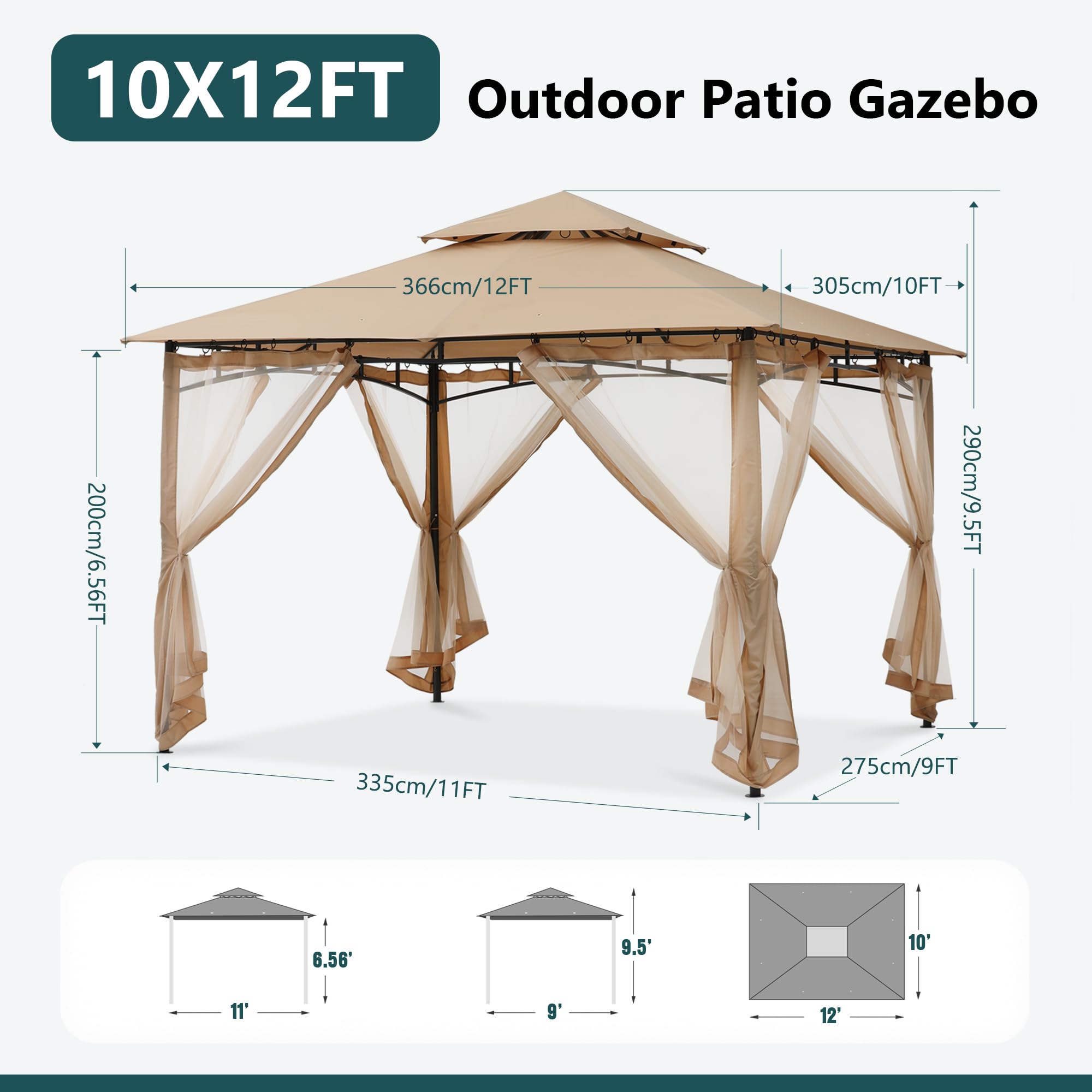 MASTERCANOPY Outdoor Garden Gazebo for Patios with Stable Steel Frame and Netting Walls (9x9,Beige)