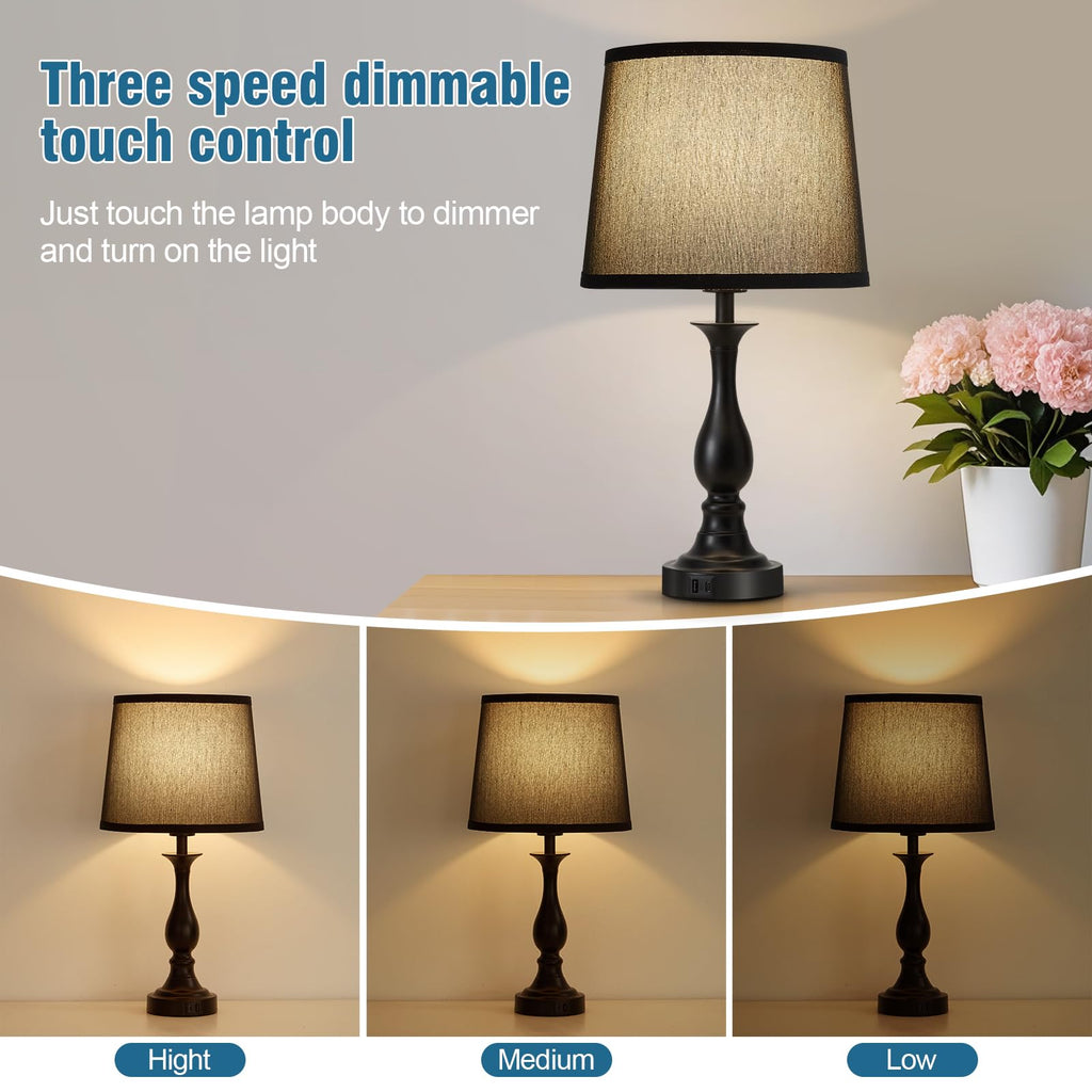 Bedside Table Lamp Touch Control Bedroom Lamps with USB A and C Charging Port 3 Way Dimmable Touch Lamps for Nightstand Living Room Bedroom Dorm Home Office Reading, Set of 2